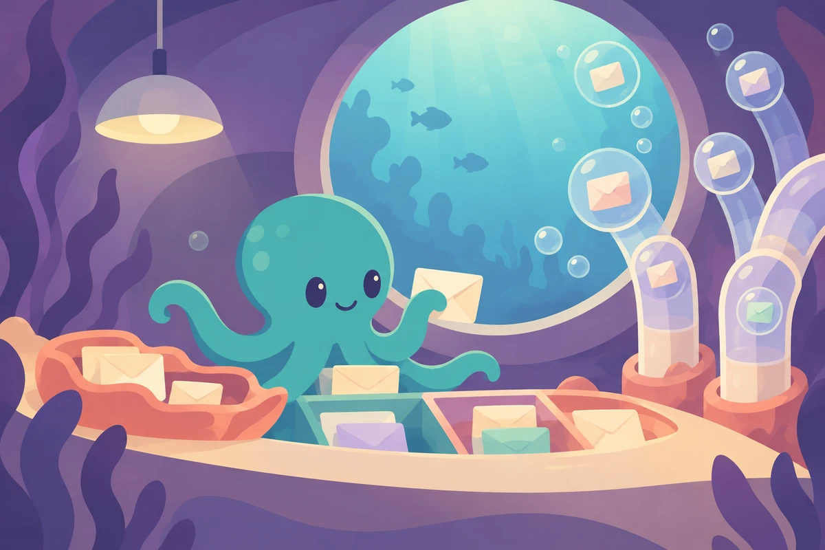 A teal octopus sorting parcels at a bright underwater office counter