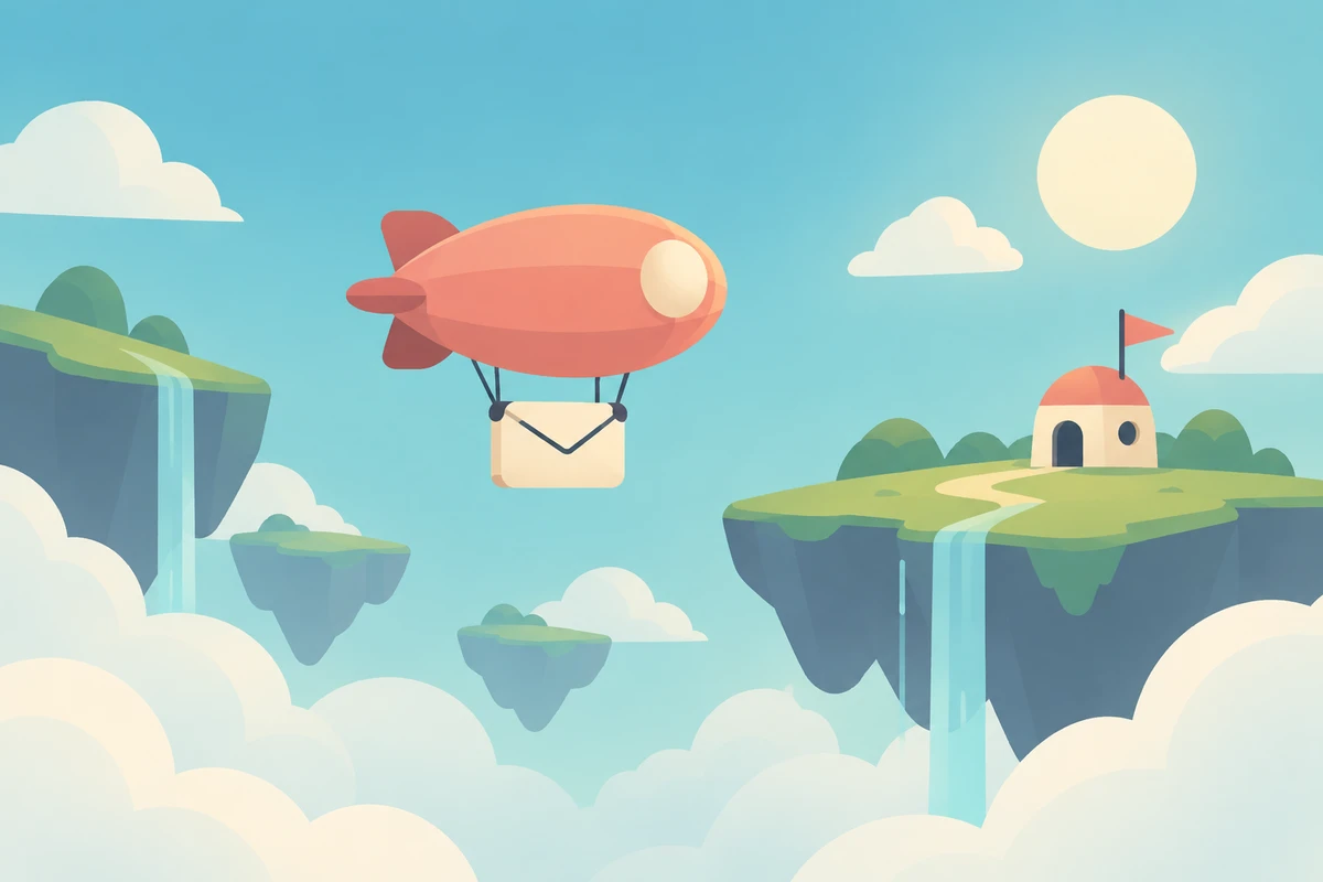 Small coral mail airship carrying a parcel between clouds and floating islands