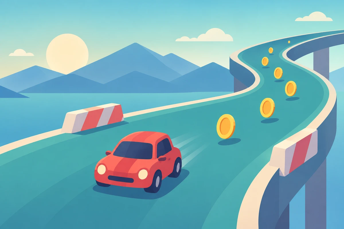 Red arcade car following a curved teal roadway past coins and low barriers