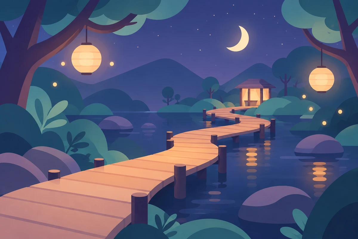 Warm lanterns marking a timber path through a dark simplified woodland