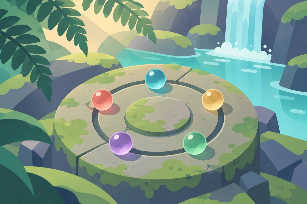 Five coloured marbles arranged around a circular mossy garden stone