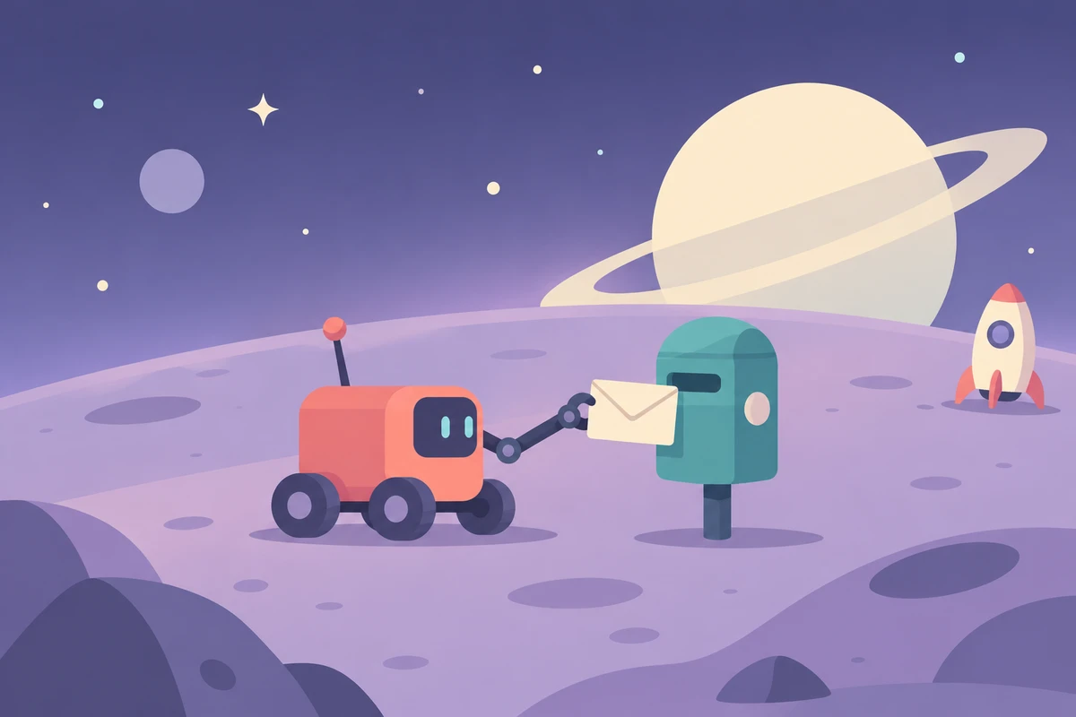 Small red postal rover delivering an envelope to a lunar letterbox beneath a ringed planet