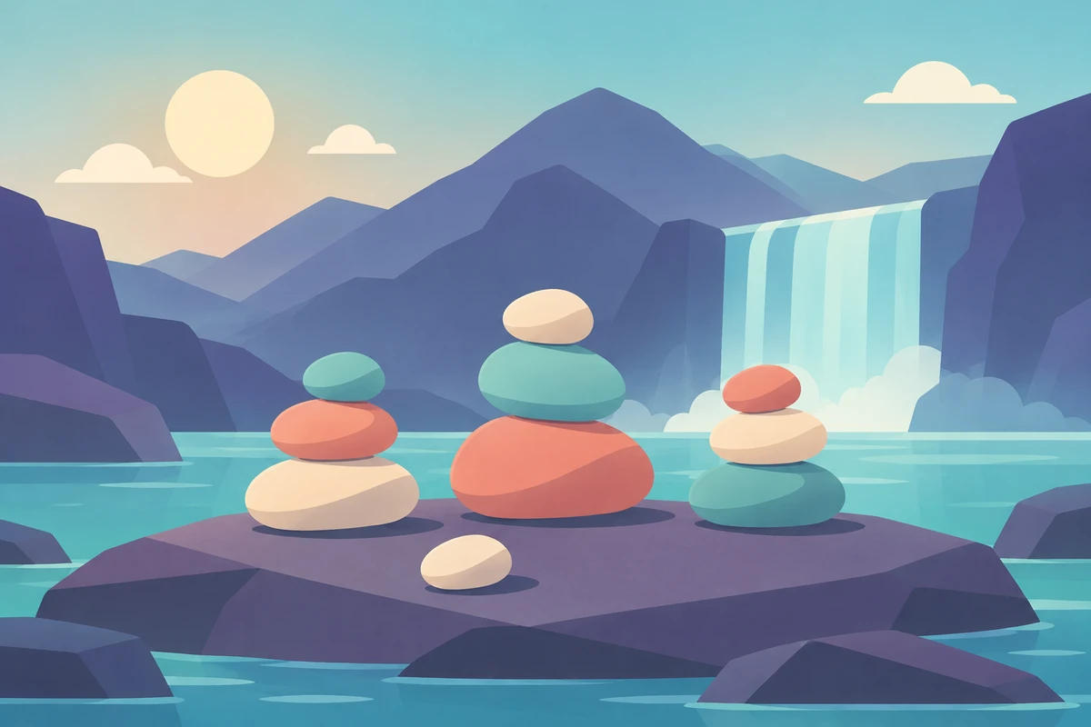 Three separate piles of smooth coloured stones beside still water and a waterfall