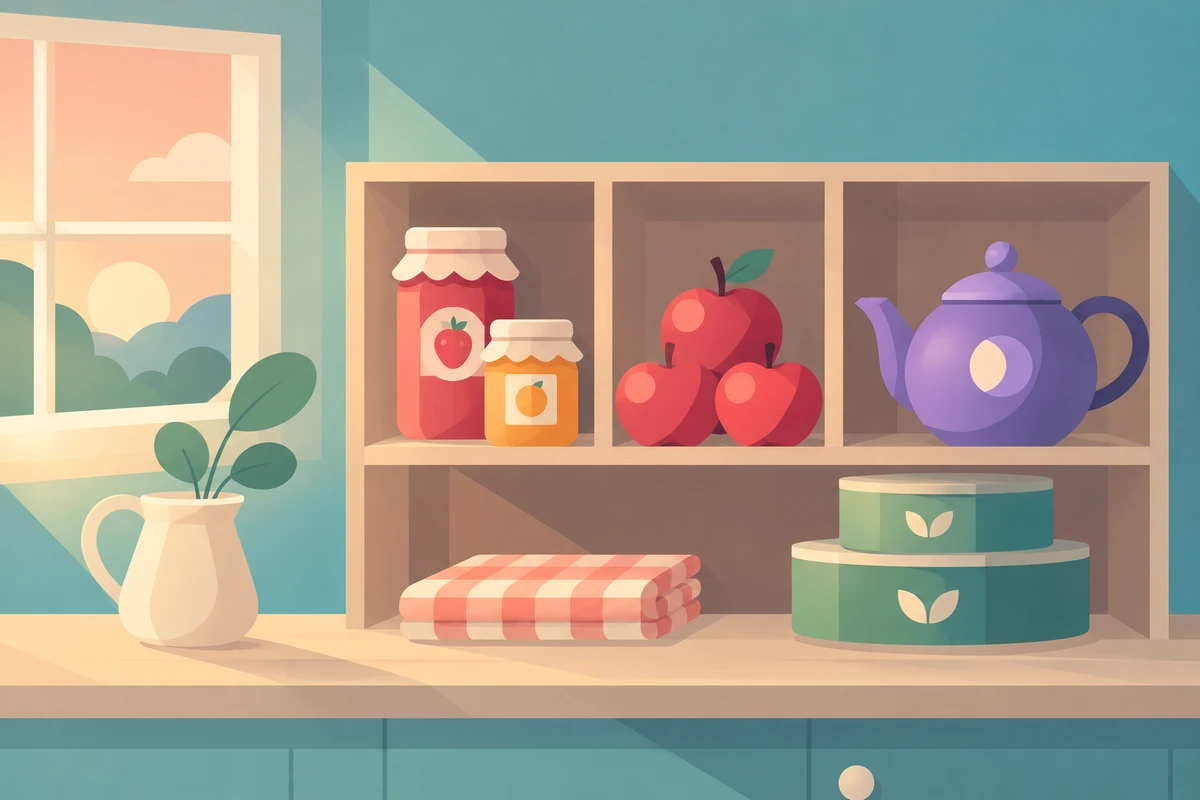 Kitchen cubbies containing jars, fruit and a purple teapot beside a sunny window