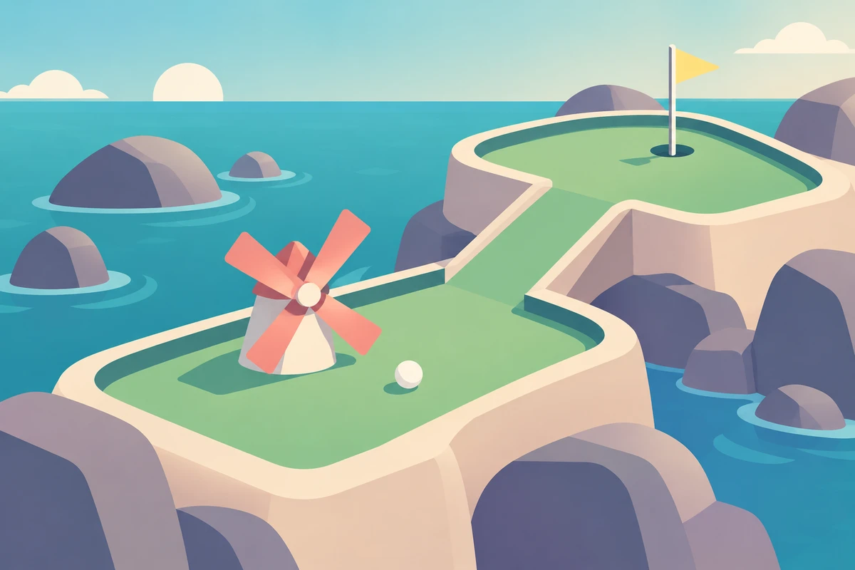Miniature green with a windmill, stepped ground and a flag above the sea